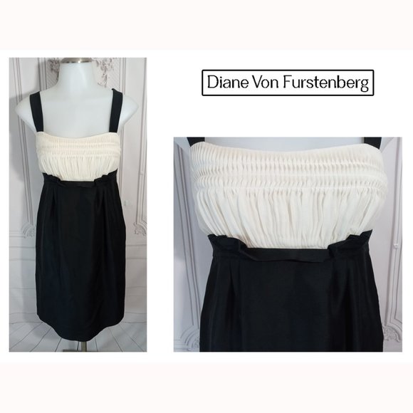 Diane Von Furstenberg Celardo Silk Dress Tuxedo Style Black Ivory Pockets Sz 4 - Picture 1 of 7
